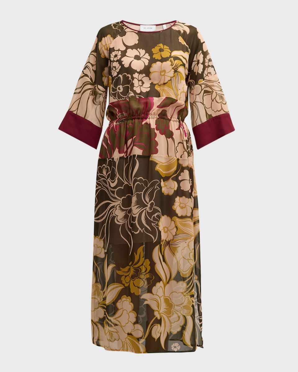 Mixed Floral-Print 3/4-Sleeve Midi T-Shirt Dress