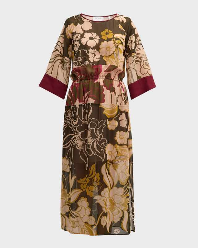 Mixed Floral-Print 3/4-Sleeve Midi T-Shirt Dress