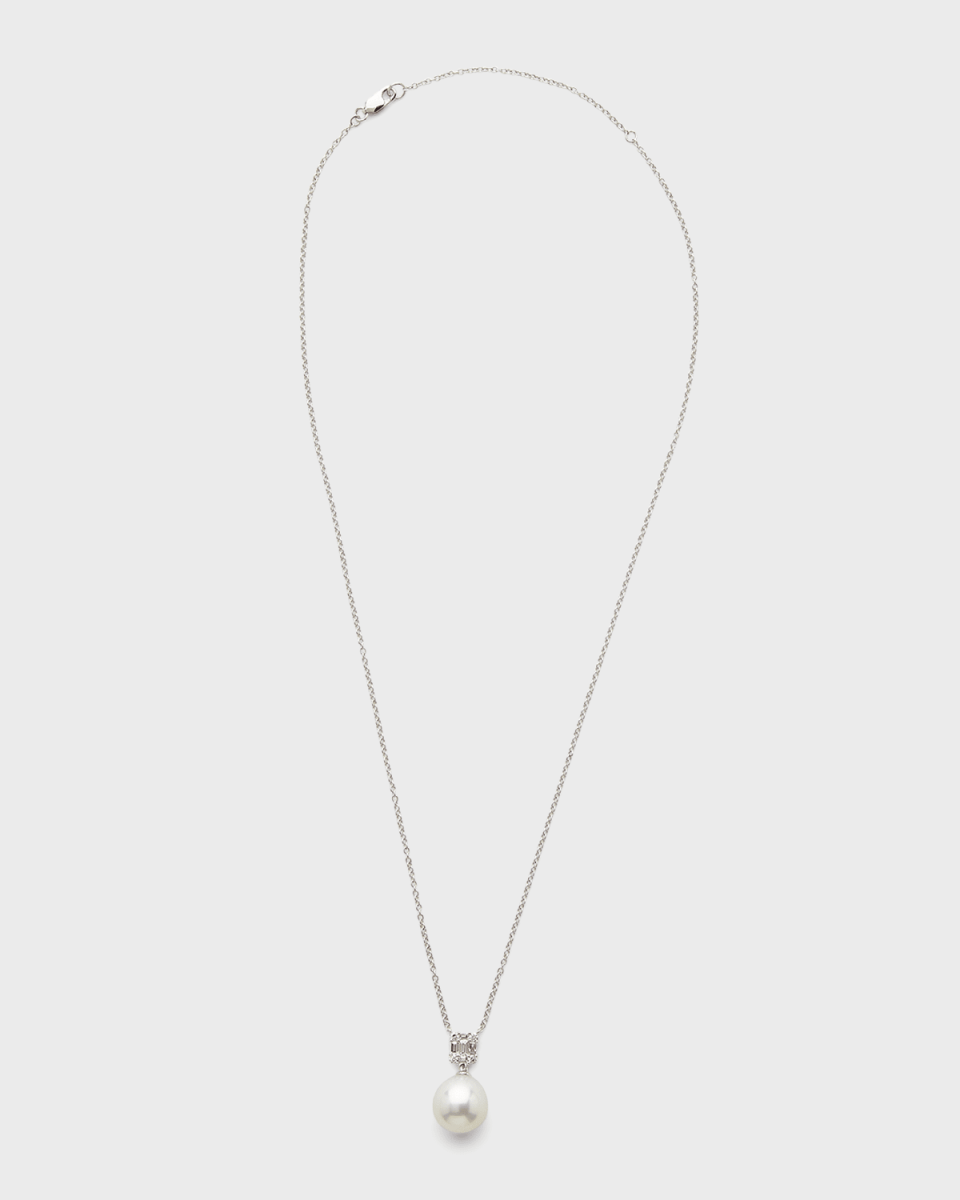 18K White Gold 11mm South Sea Pearl with Round and Baguette Diamond Necklace, 16-18"L