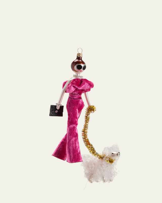 Fashionista in Pink Jumpsuit with Dog Christmas Ornament