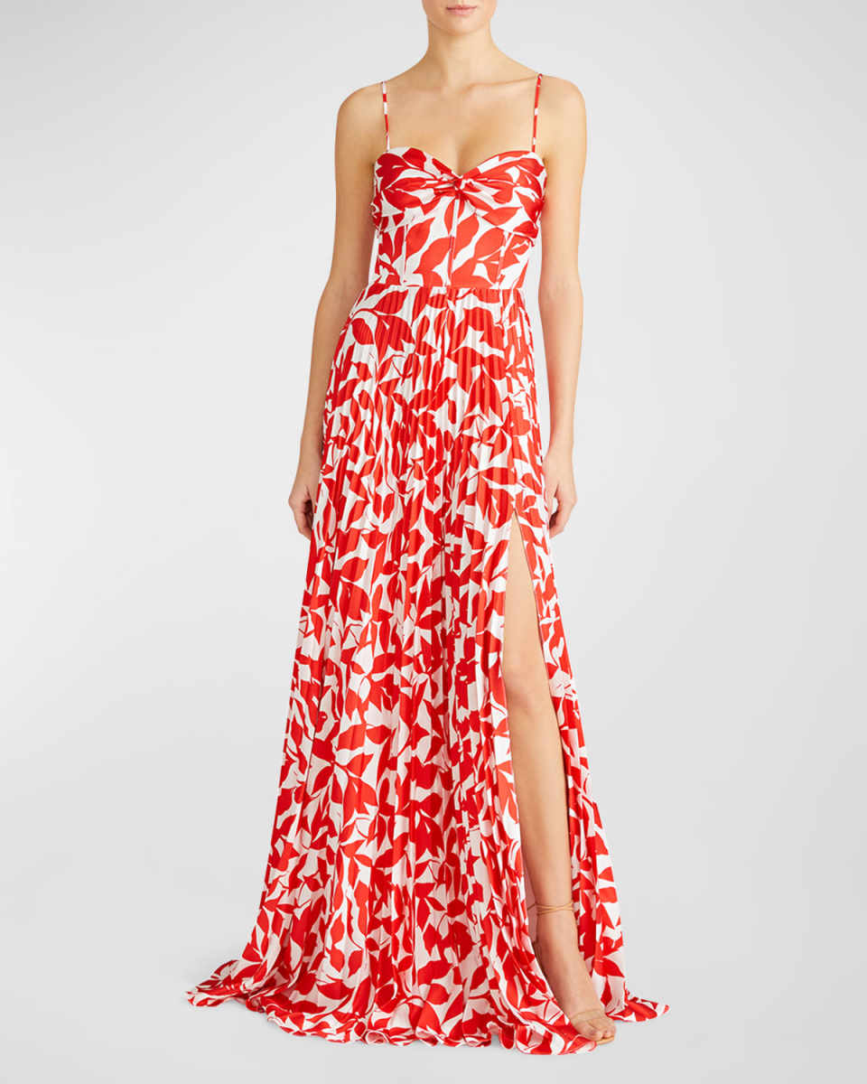 Cameron Pleated Floral-Print Sweetheart Gown