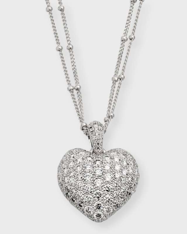 18k White Gold Double-Chain Heart Pendant Necklace, 18"L, 2.80tcw