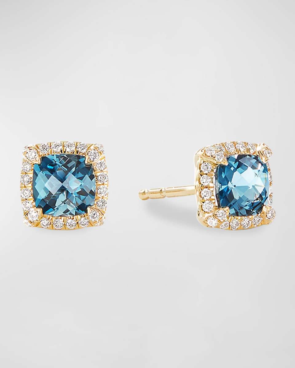 Petite Chatelaine Pave Bezel Stud Earrings in 18K Yellow Gold with Hampton Blue Topaz