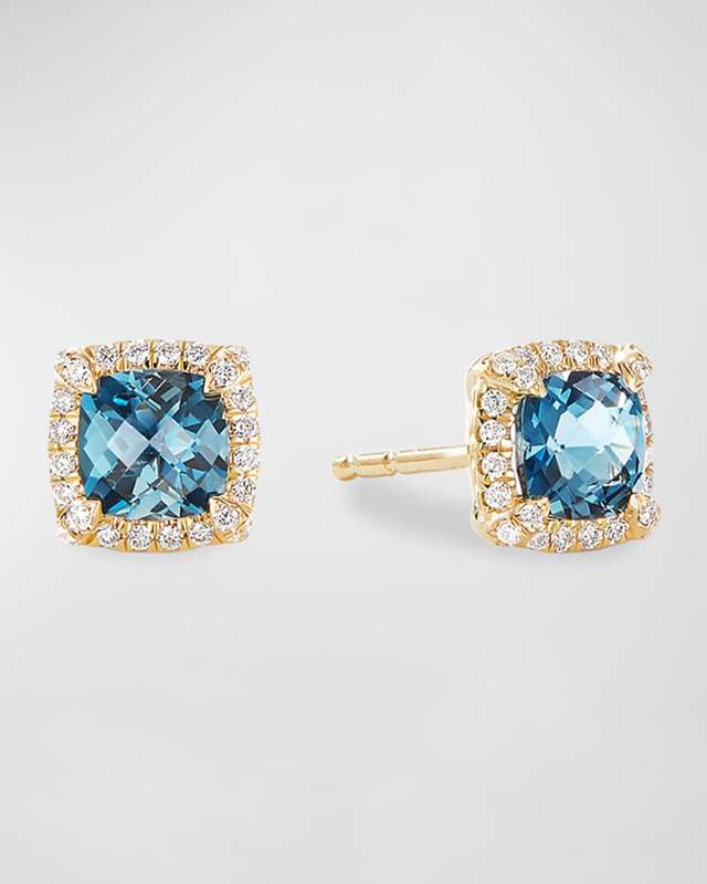 Petite Chatelaine Pave Bezel Stud Earrings in 18K Yellow Gold with Hampton Blue Topaz