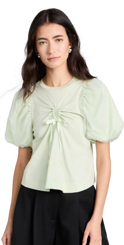 Simone Rocha Cropped Ruched Bow T-Shirt with Tulle Overlayleeve Mint