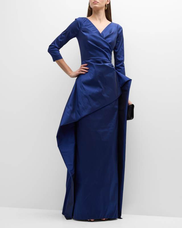 3/4-Sleeve Pleated Taffeta Column Gown