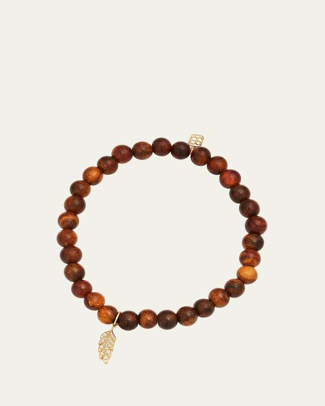 Nanmu Wood Bead Bracelet with Tiny Feather Charm in 14K Gold