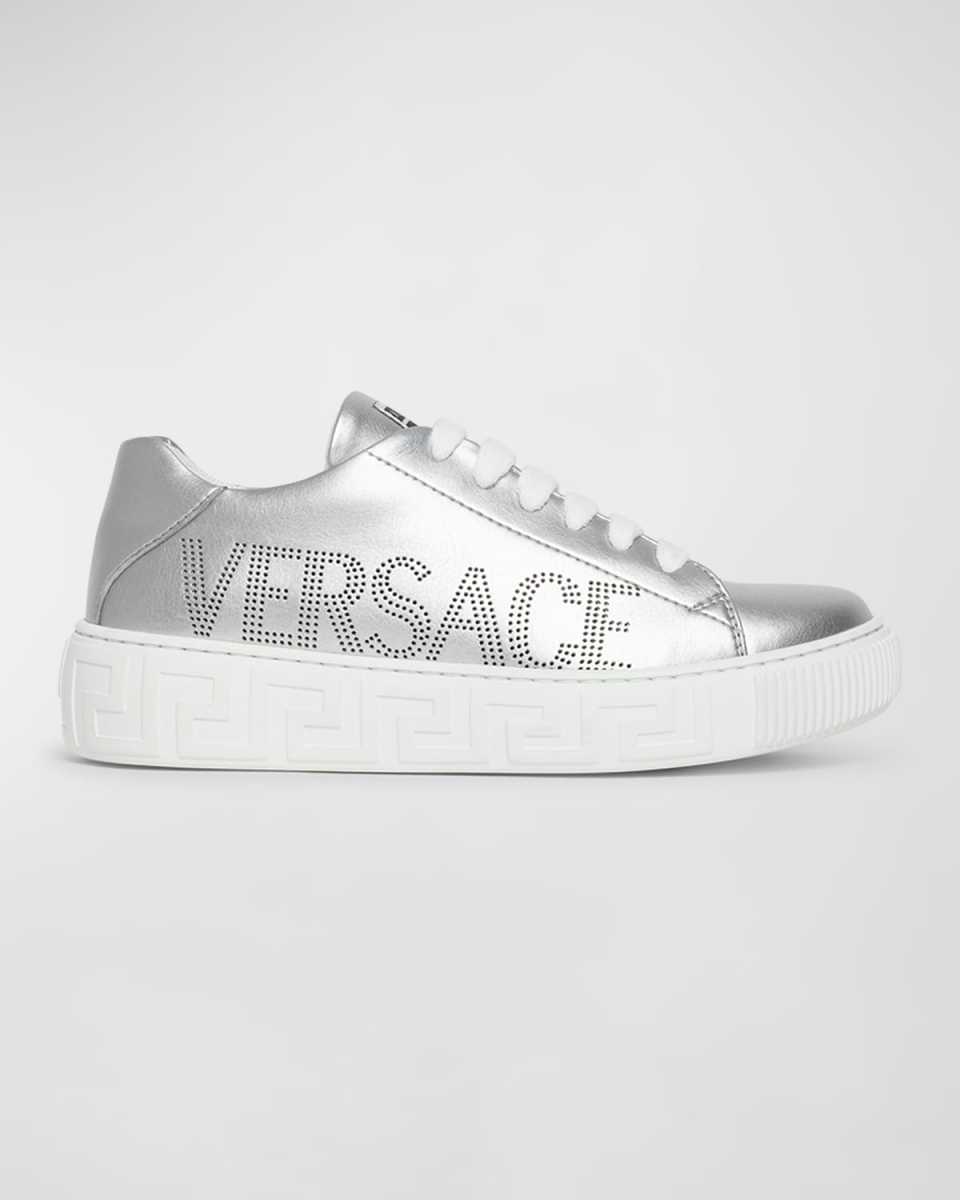 Kid's Greca-Embossed Logo-Print Faux Leather Sneakers, Kids