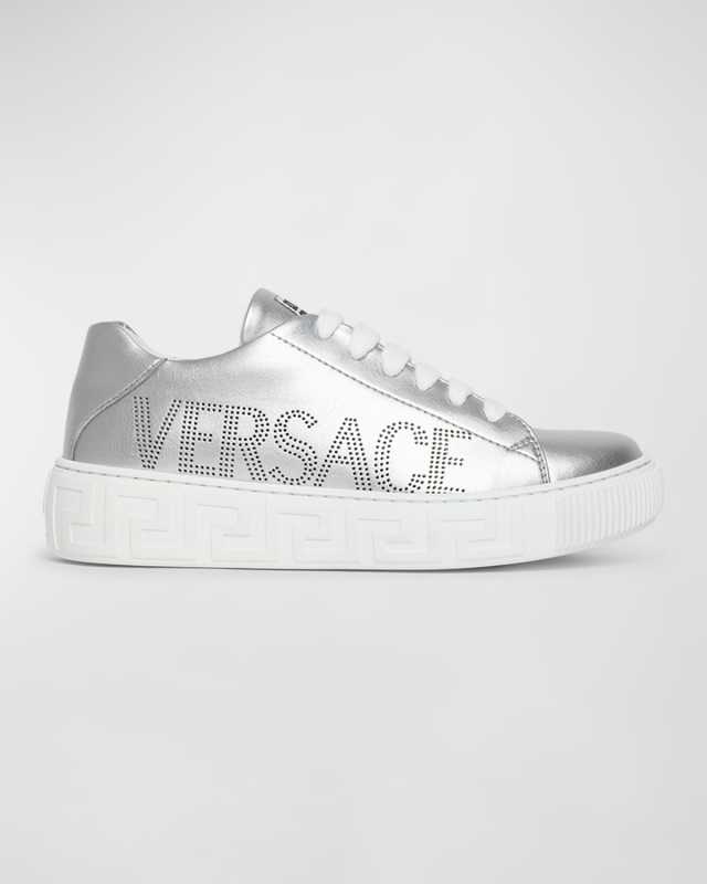 Kid's Greca-Embossed Logo-Print Faux Leather Sneakers, Kids