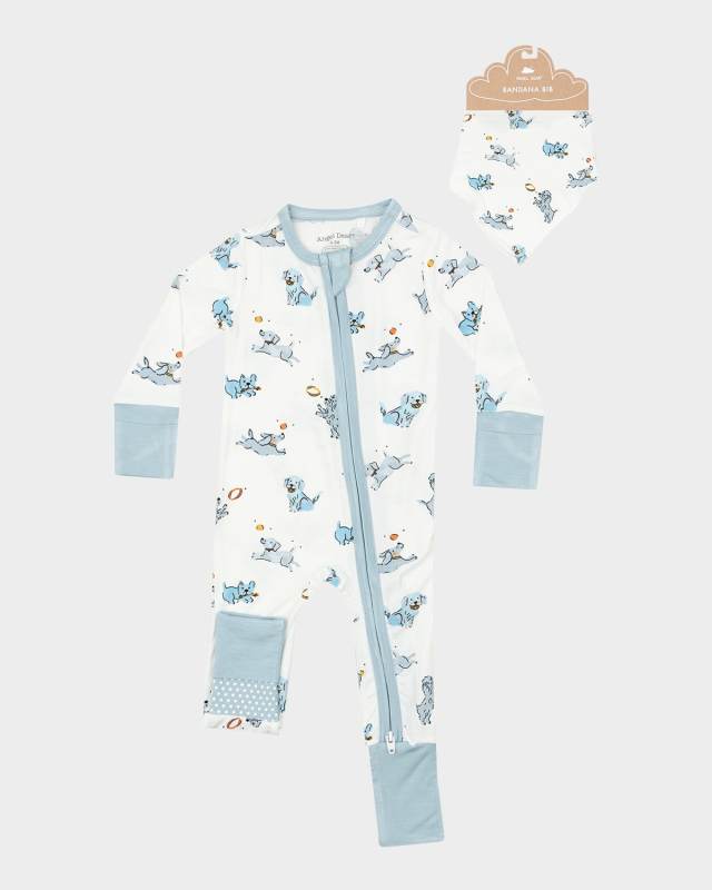 Boy's Playful Puppies Coverall & Bandana Bib, Size 3M-24