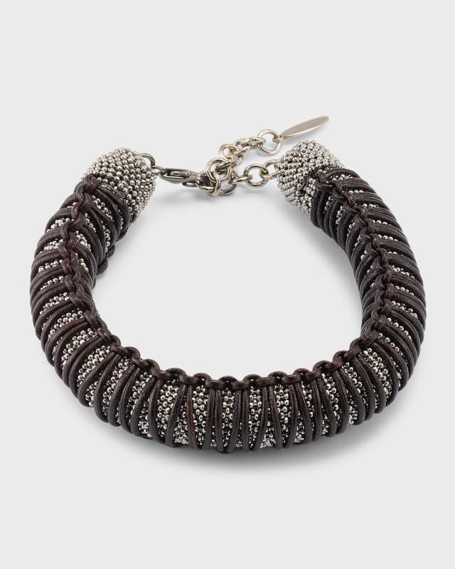 Tubular Monili Bracelet with Leather Braid Detail