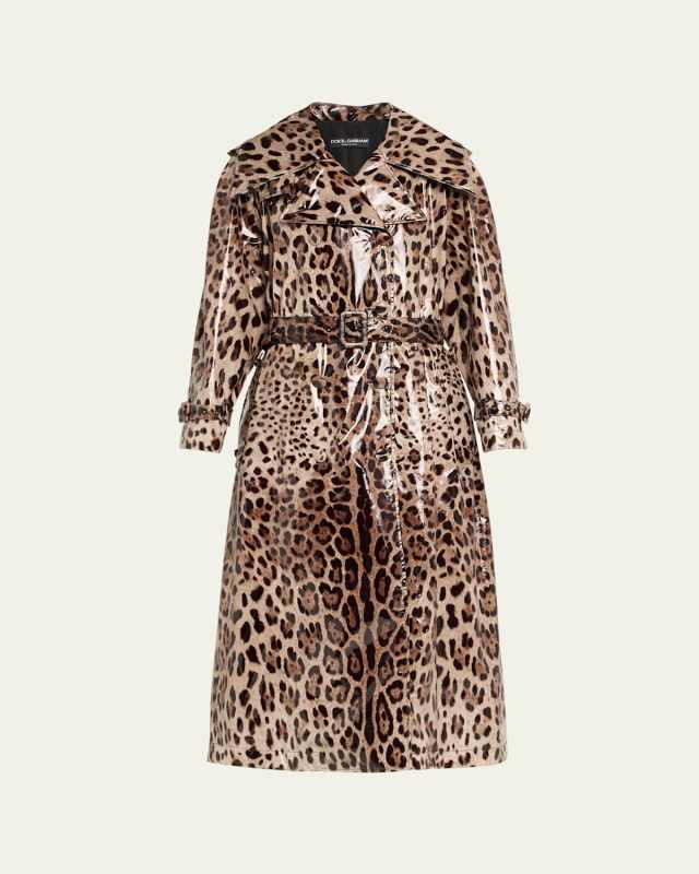 Leopard-Print Belted Shiny Long Trench Coat