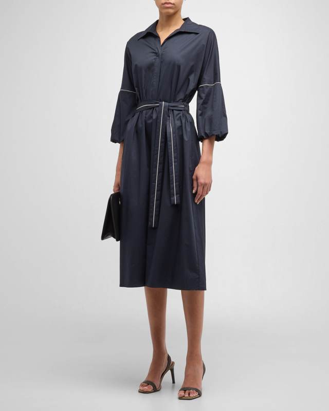 Belted Chain-Trim Midi Shirtdress