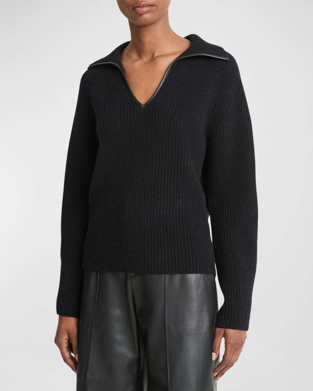 Ribbed Polo Sweater with Leather Tri