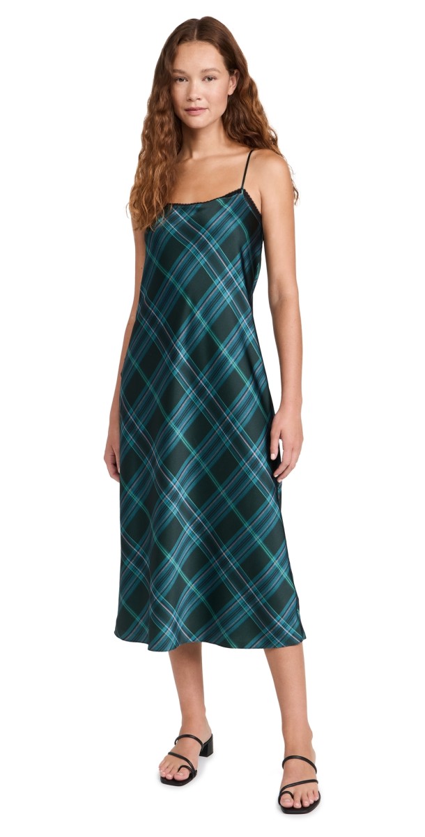 Vince Plaid Lace Trim Slip Dress Jade Onyx