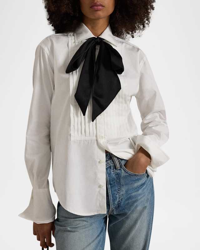 Pintuck Tie-Neck Cotton Tuxedo Shirt