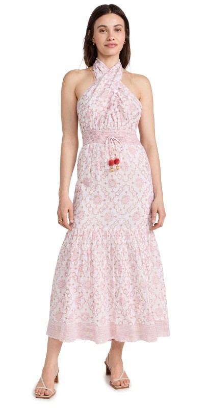 Bell Kat Maxi Halter Dress Pink Gold Motif