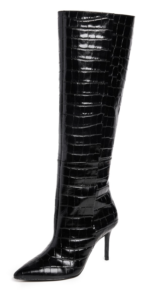 Black Suede Studio Tory Knee High Pointy Toe Mid Heel Boots Black Shiny Croc