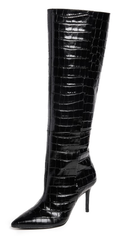 Black Suede Studio Tory Knee High Pointy Toe Mid Heel Boots Black Shiny Croc