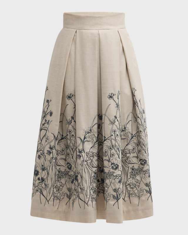 Pleated Floral-Embroidered Midi Skirt