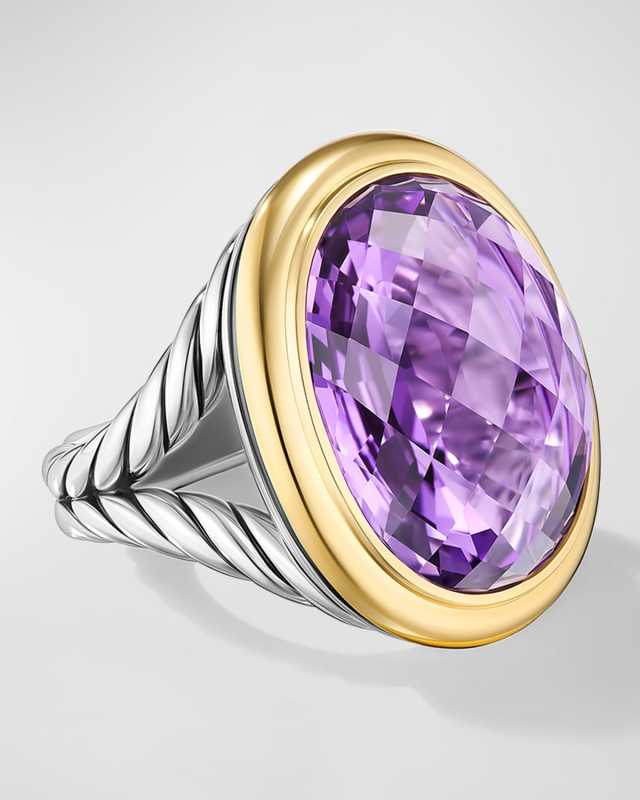 Oval Ring with Gemstone in Silver and 18K Gold, 24.5x21mm