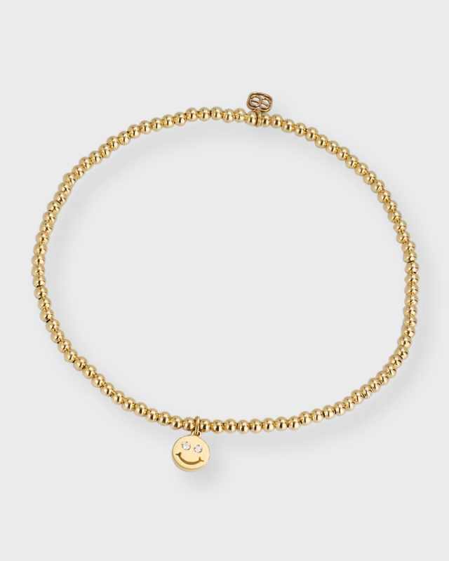 2mm Gold Bead Diamond Happy Face Charm Bracelet