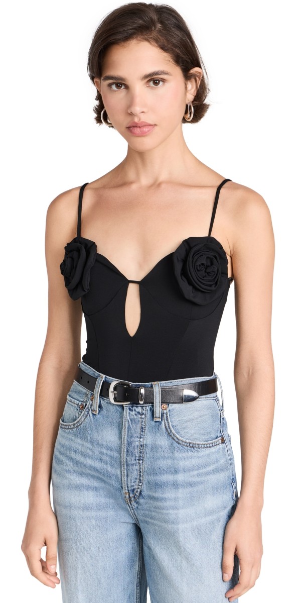 AFRM Tartine Seamed Thong Bodysuit with Rosette Bust Noir