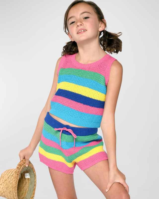 Girl's Multicolor Crochet Striped Shorts, Size 7-