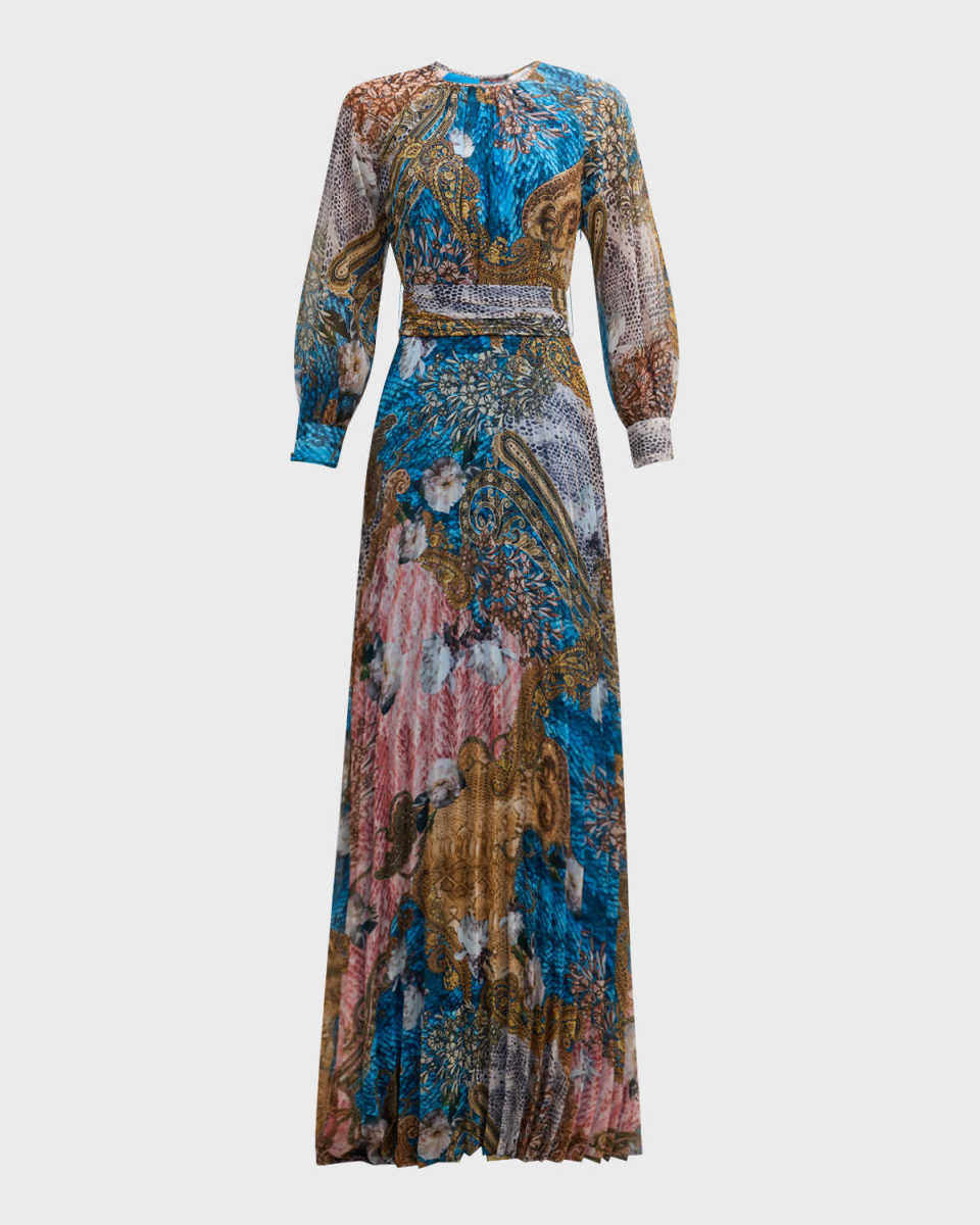 Pleated Floral & Snakeskin-Print Chiffon Gown