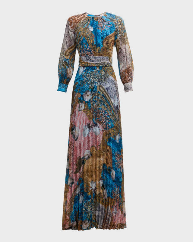 Pleated Floral & Snakeskin-Print Chiffon Gown