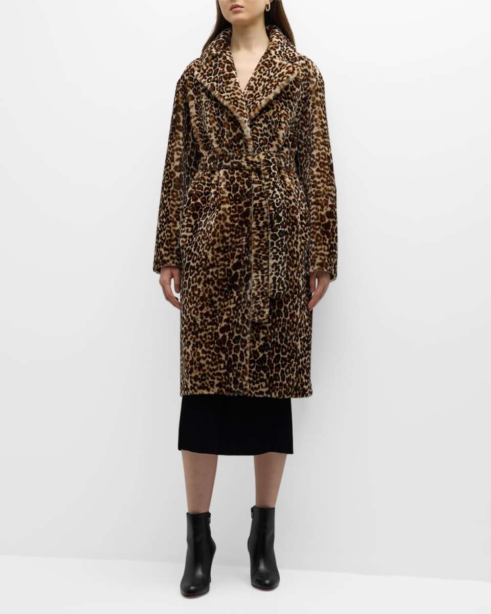 Leopard-Print Belted Shearling Lamb Short Coat