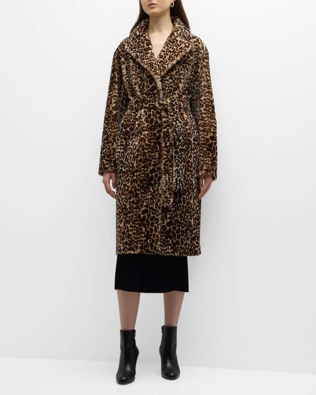 Leopard-Print Belted Shearling Lamb Short Coat