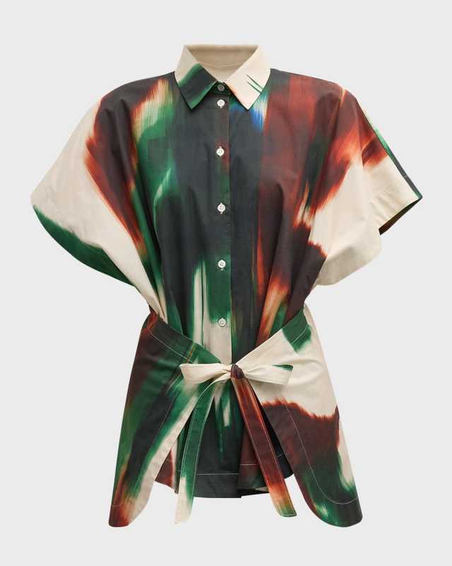 Amalfi Brushstroke-Print Tie-Waist Poplin Top