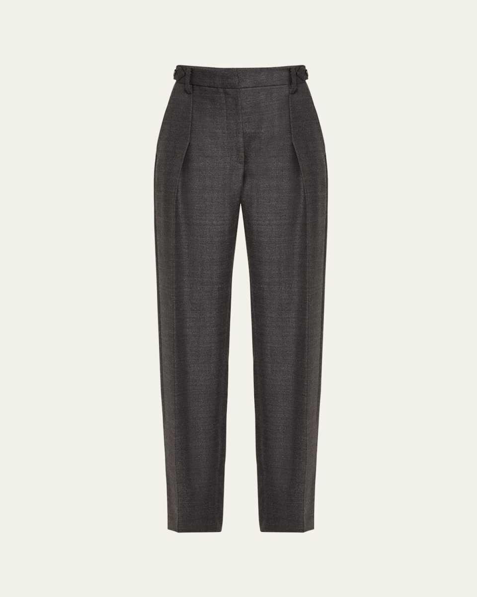 Combed Wool Herringbone Pleated Wide-Leg Pants