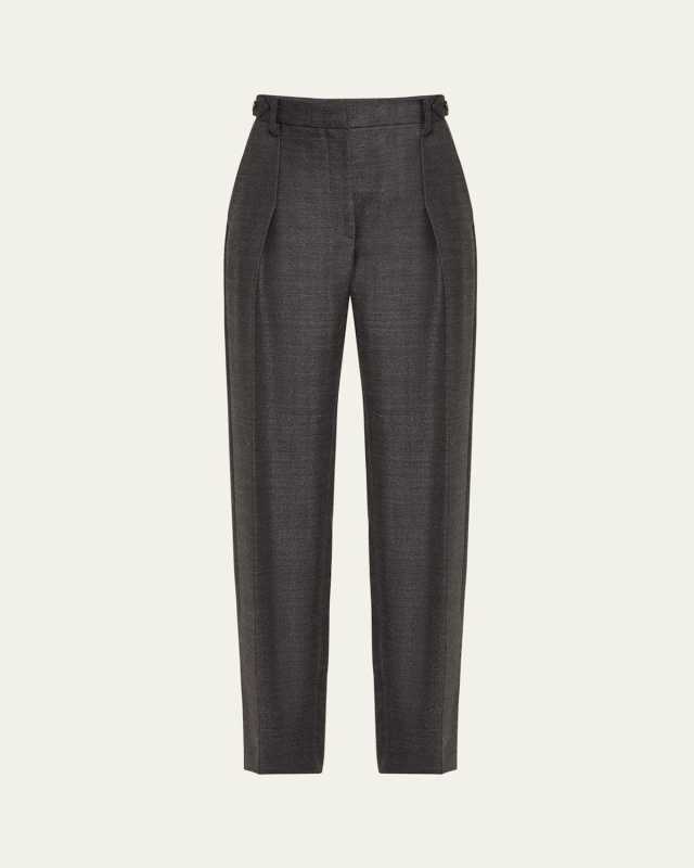 Combed Wool Herringbone Pleated Wide-Leg Pants