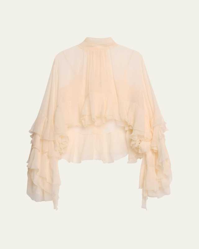 High Neck Ruffle Sleeve Asymmetric Top