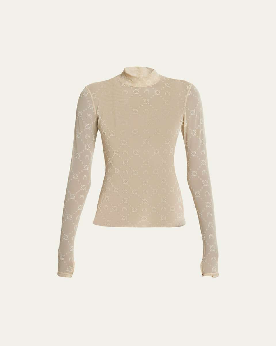 Regenerated Mesh Flock Glitter Mock-Neck Top