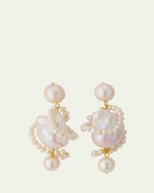 Carvings 18K Gold Vermeil Earrings with Baroque and Freshwater Pearls