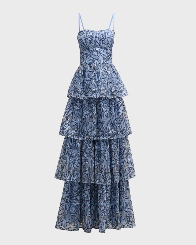 Aubriella Ruffle Tiered Floral-Embroidered Gown