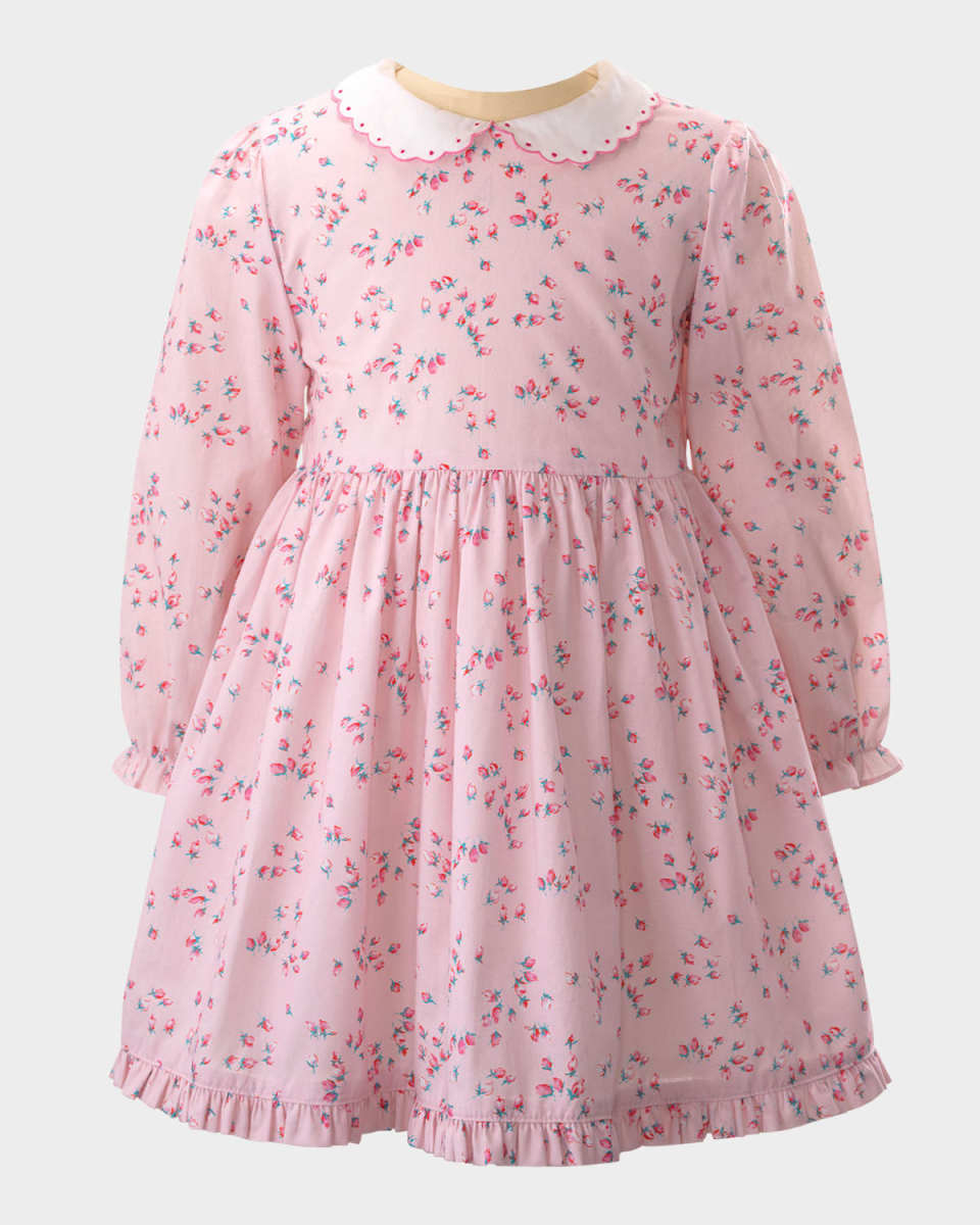 Girl's Rosebud-Print Scalloped Collar Dress, Size 2-