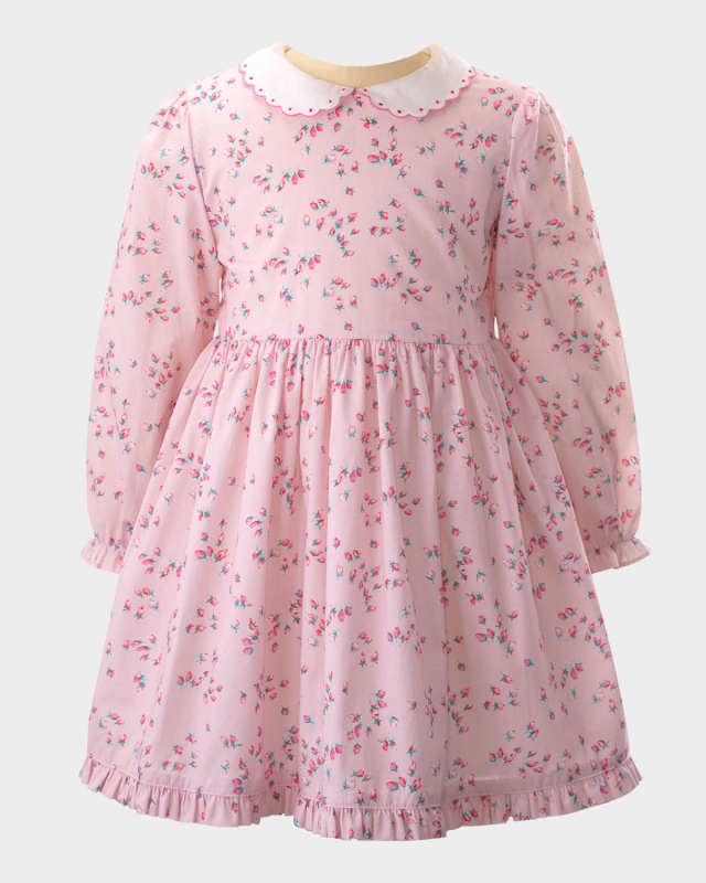 Girl's Rosebud-Print Scalloped Collar Dress, Size 2-