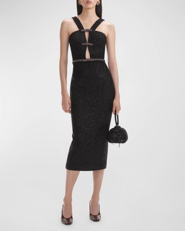 Tinsel Boucle Belted Cutout Midi Dress