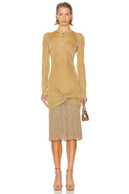 FERRAGAMO Midi lurex dress with fringed skirt