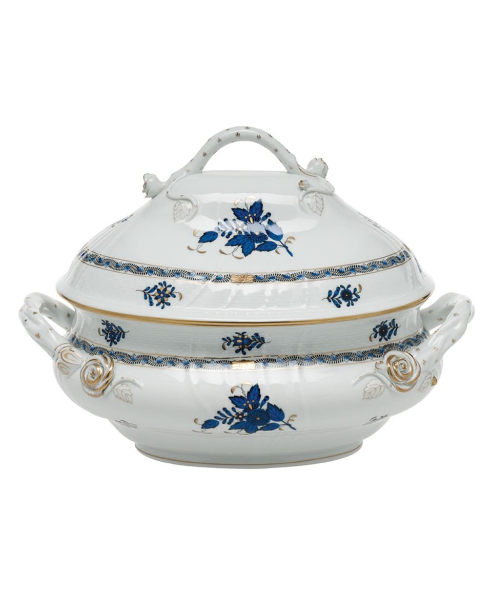 Chinese Bouquet Black Sapphire Tureen with Branch Handle
