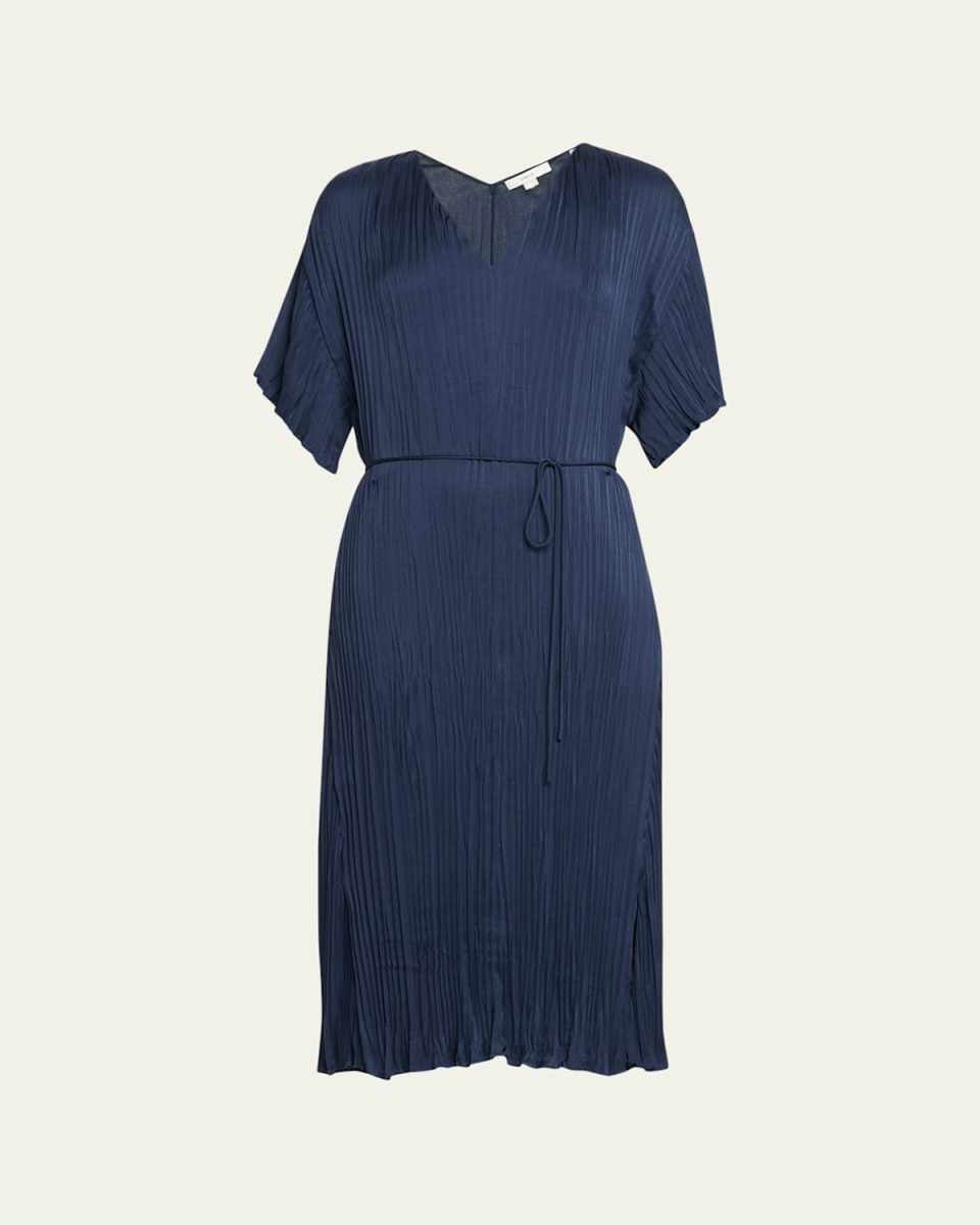 Crushed Plissé V-Neck Midi Dress
