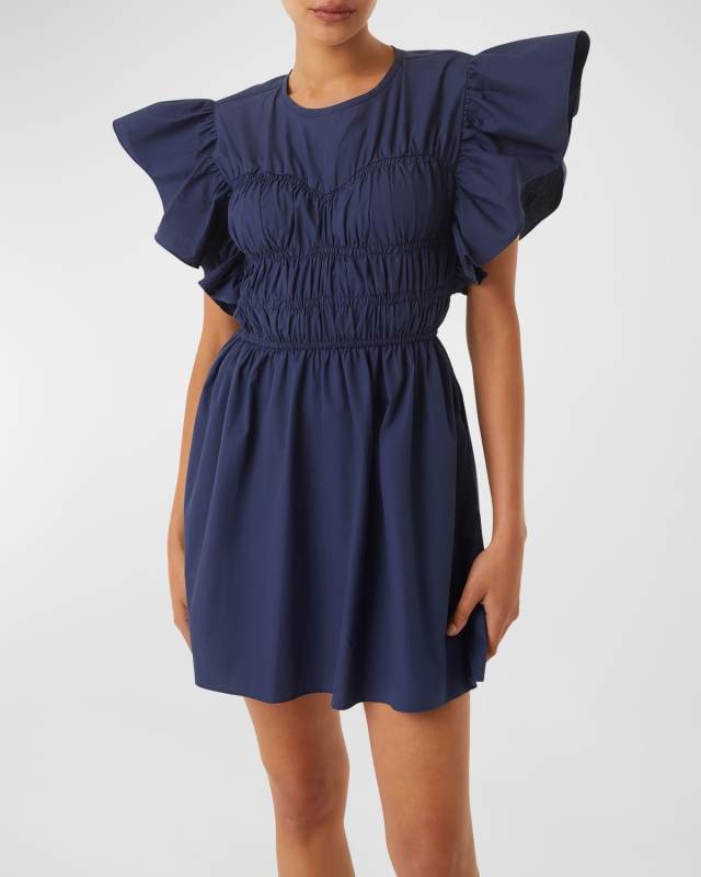 Radha Shirred Ruffle-Sleeve Poplin Mini Dress