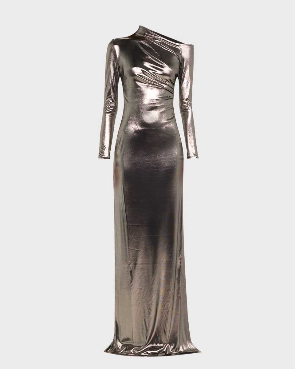 Metallic Long-Sleeve Ruched Gown