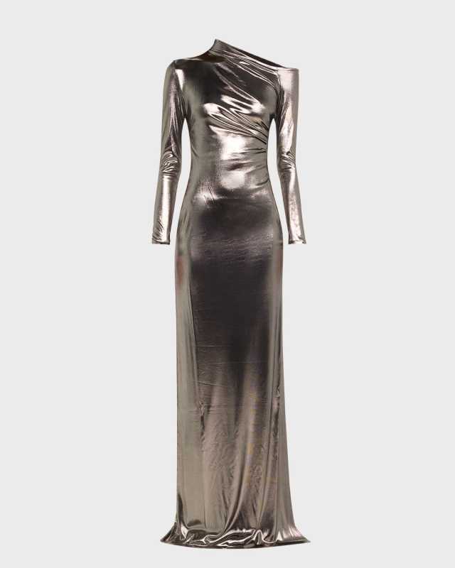 Metallic Long-Sleeve Ruched Gown