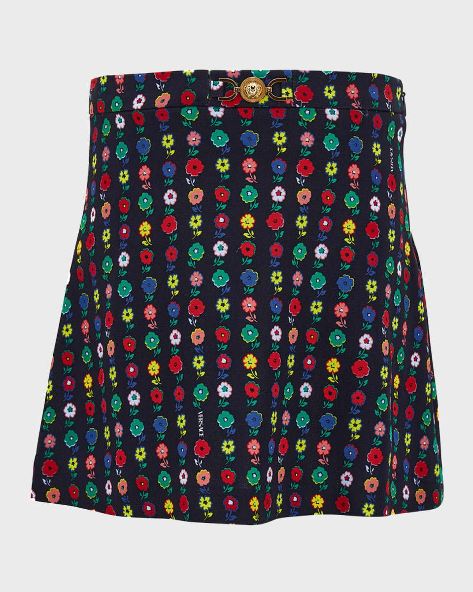 Girl's Falling Flowers-Print Skirt W/ Medusa Buckle, Size 4-6