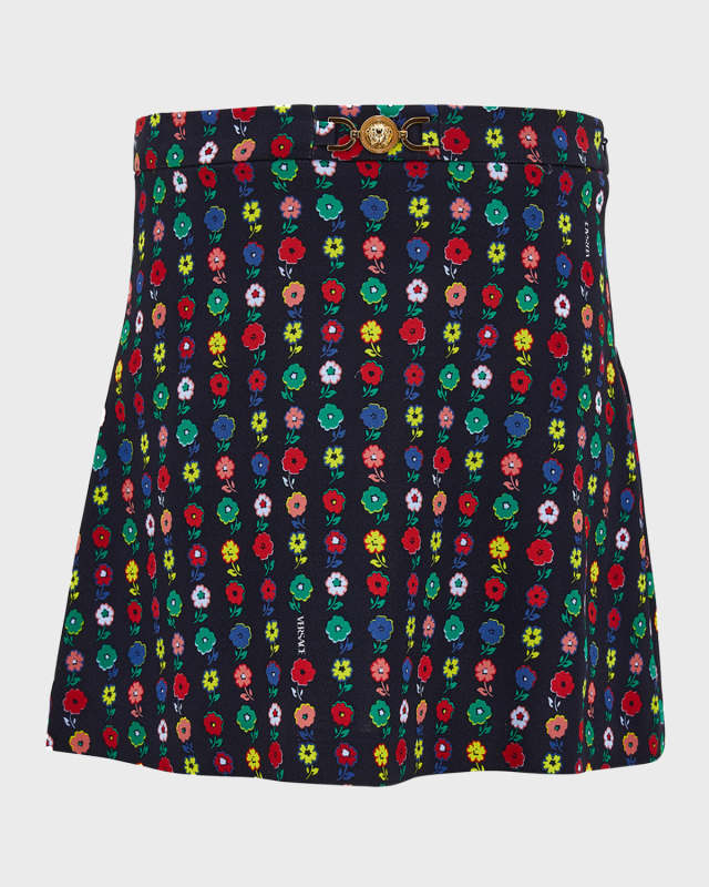 Girl's Falling Flowers-Print Skirt W/ Medusa Buckle, Size 4-6